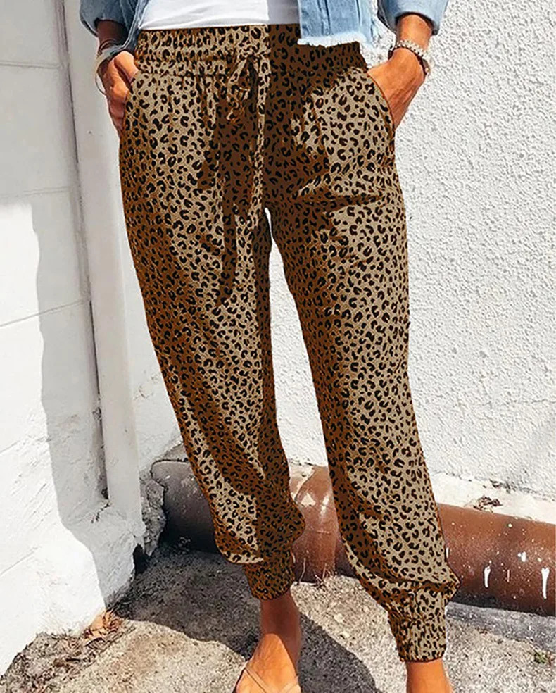 Summer European and American Womens Leggings Loose Leopard Print Lace Up Casual Pants 250409