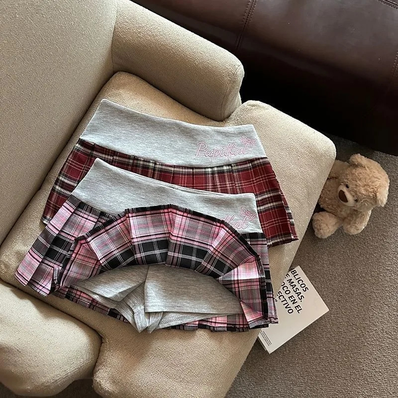 Harajuku Sweet Pink Letter ed Plaid Splitting Skirts for Women Summer High Waist Slimming Anti Exposure Wrinkle 250410