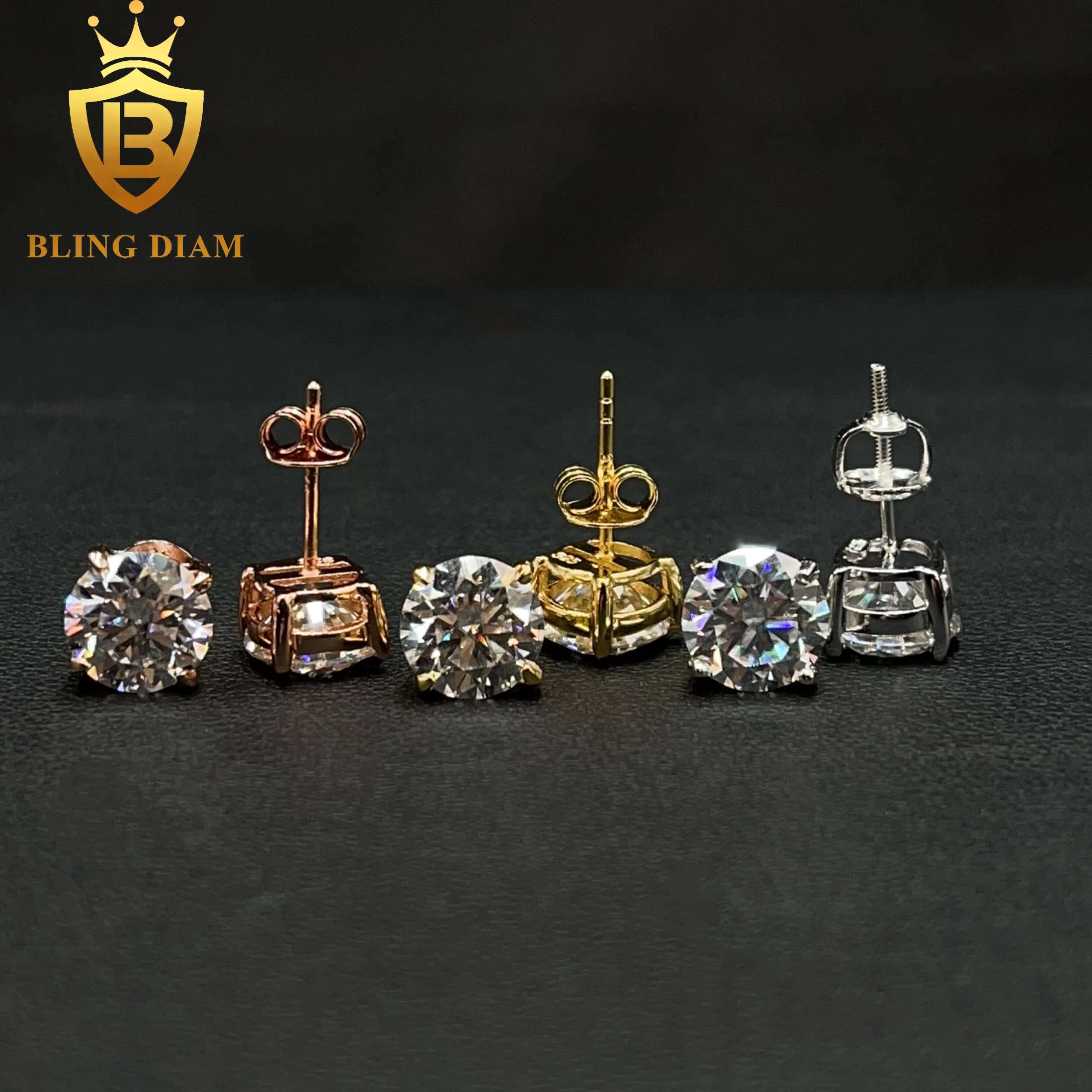 8mm Fine Jewelry Gold Plated 925 Sterling Silver VVS Moissanite Diamond Screw Back Stud Earrings