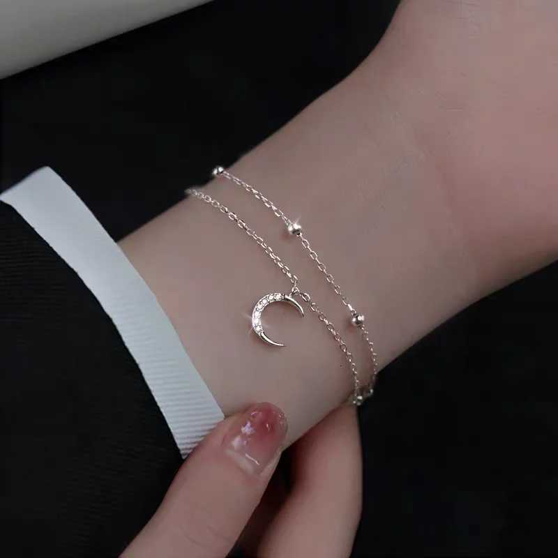 925 Sterling Silver Zircon Bracelets For Women Korean Designer Double Layer Star Moon Bracelet Party Wedding Charm Jewelry GiftsT251110