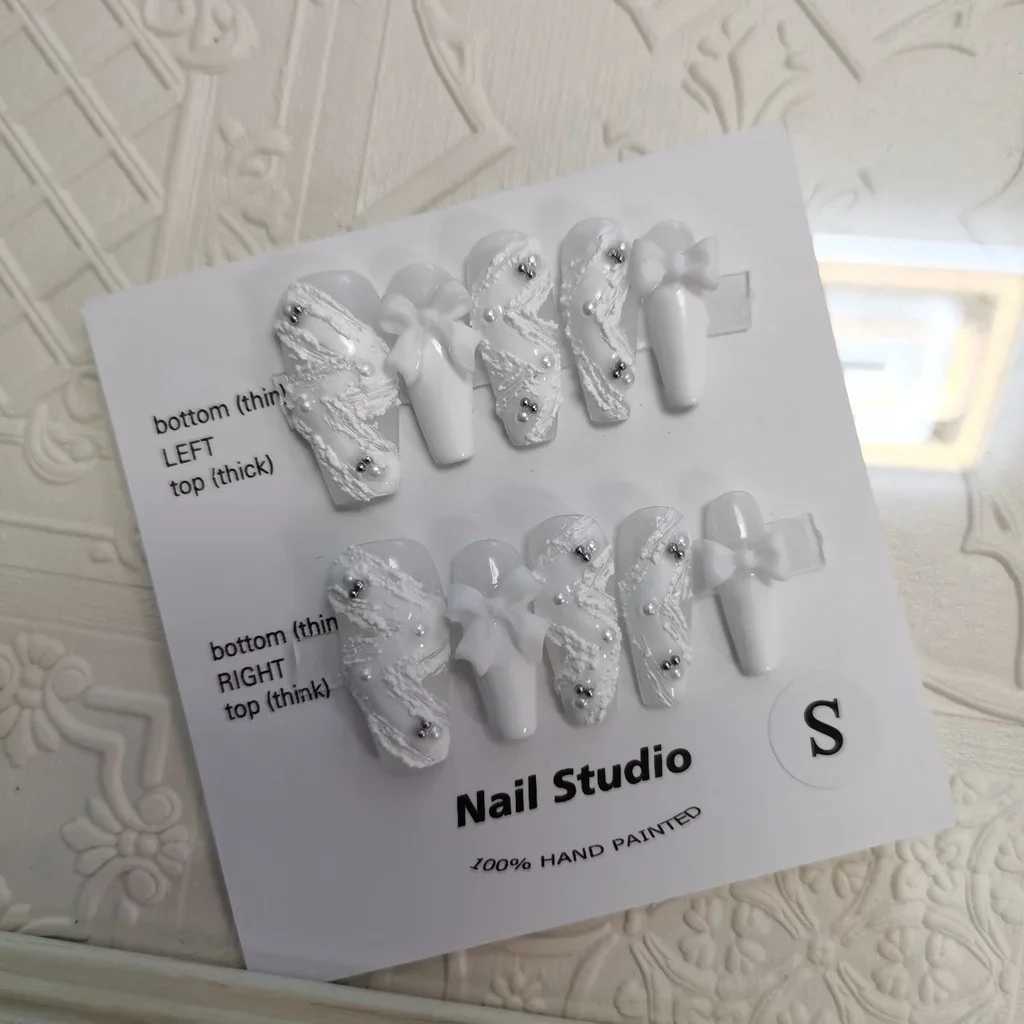 Ribbon Pearl Handmade Wearable Nail Elegant White Swan Hand drawn Embossed Nail Art White Wearable Fake Nail Student Gift W250410