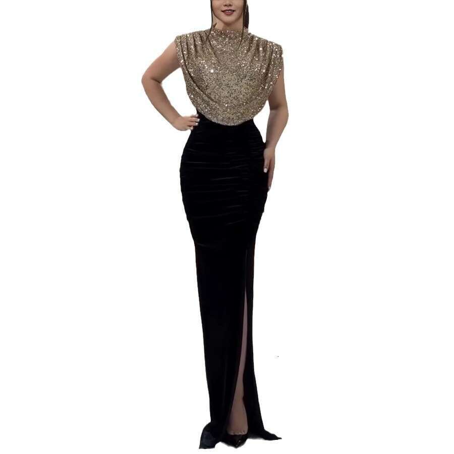 2025 Spring and Autumn New Sequin Patchwork Sleeveless INS Casual Party Slit Night club maxi dress SEXY DRESSES FOR WOMEN