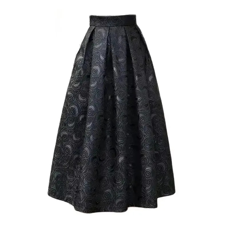 Black Rose Flower Retro Elegant High Waist Ball Dress Loose Womens Skiing Knee Long Sleeve Fashion Clothing 250410