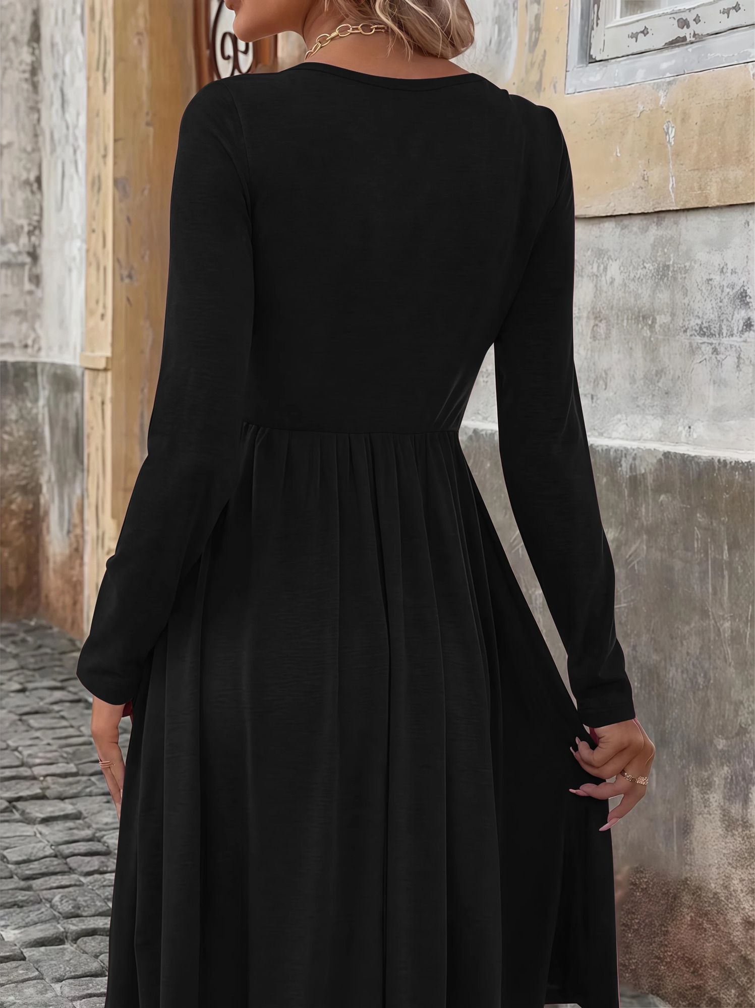 Elegant Solid Color ButtonDetail Round Neck Long Sleeve MidLength Plus Size Womens Dress for Autumn 251110