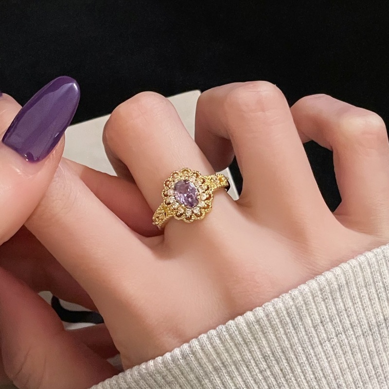 Designer Ring Gold Light Fashion Ring Luxury High-end Niche Accessories For Women New Nine Purple Fire Color Gemstone Zircon Vintage Brushed Open Ring