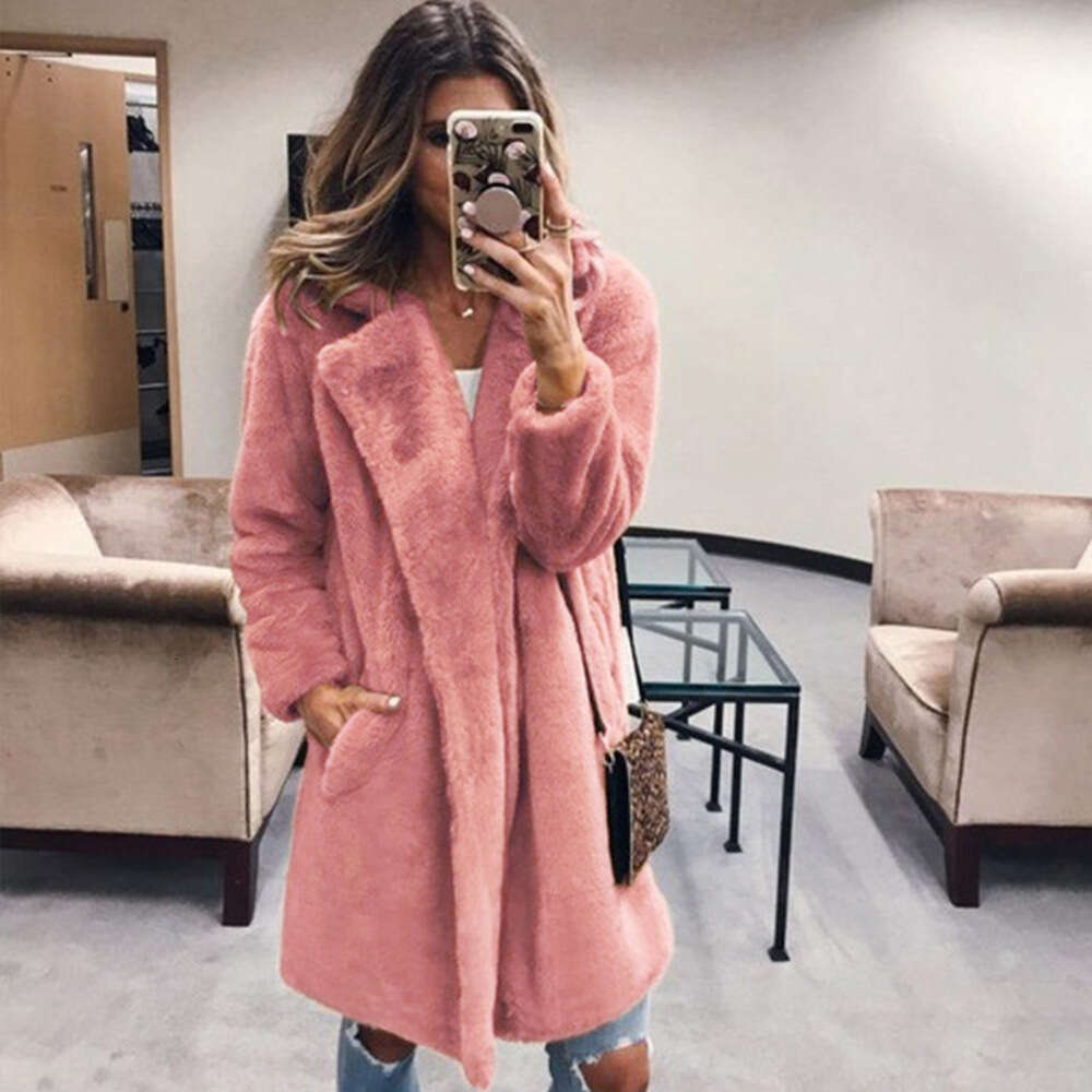 Autumn Winter Women's Mid-Length Suit Collar Faux Fur Coat Genuine Leather Luxury Style