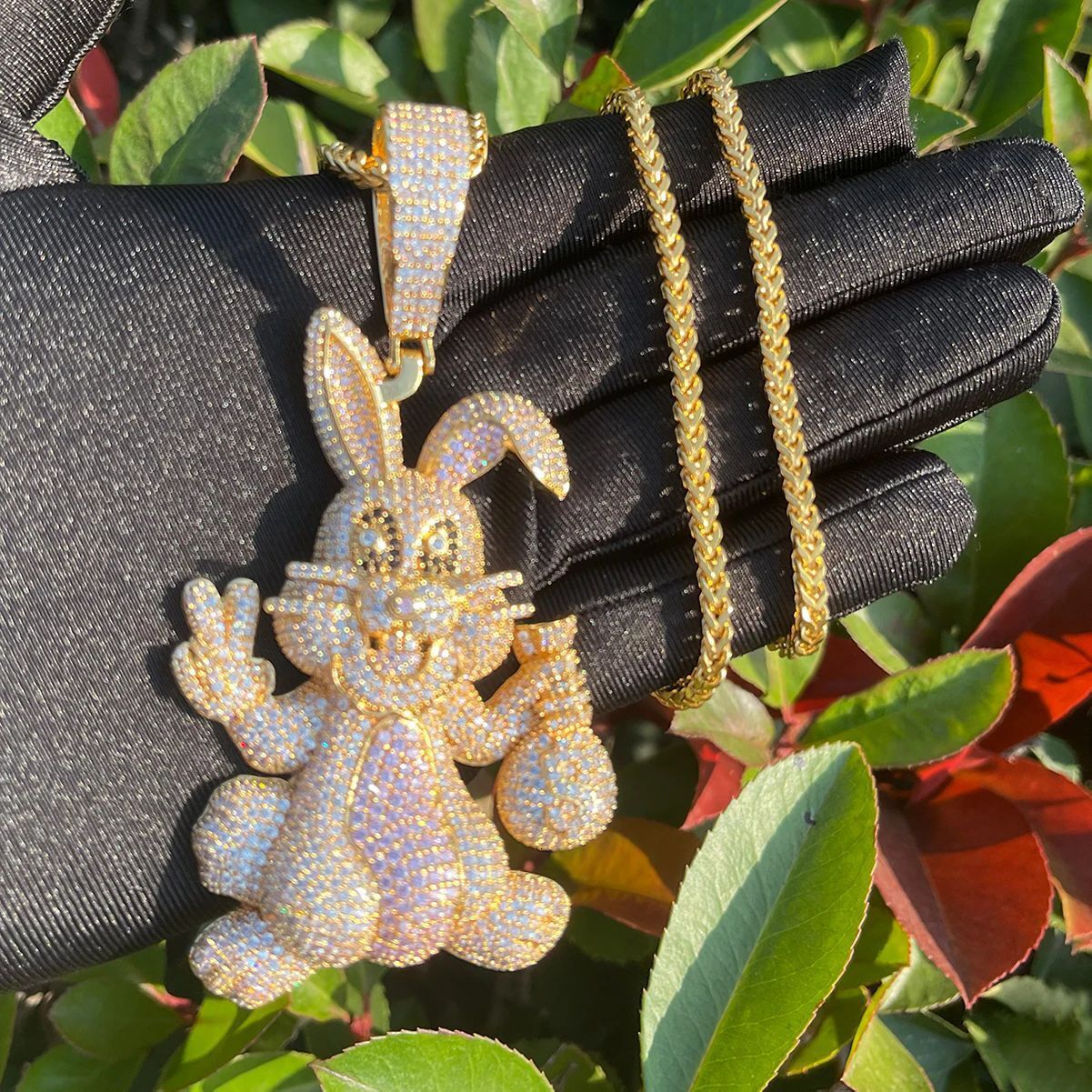 Hip hop cartoon animal bunny pendant necklace for men copper inlaid zircon hip-hop trendy jewelry