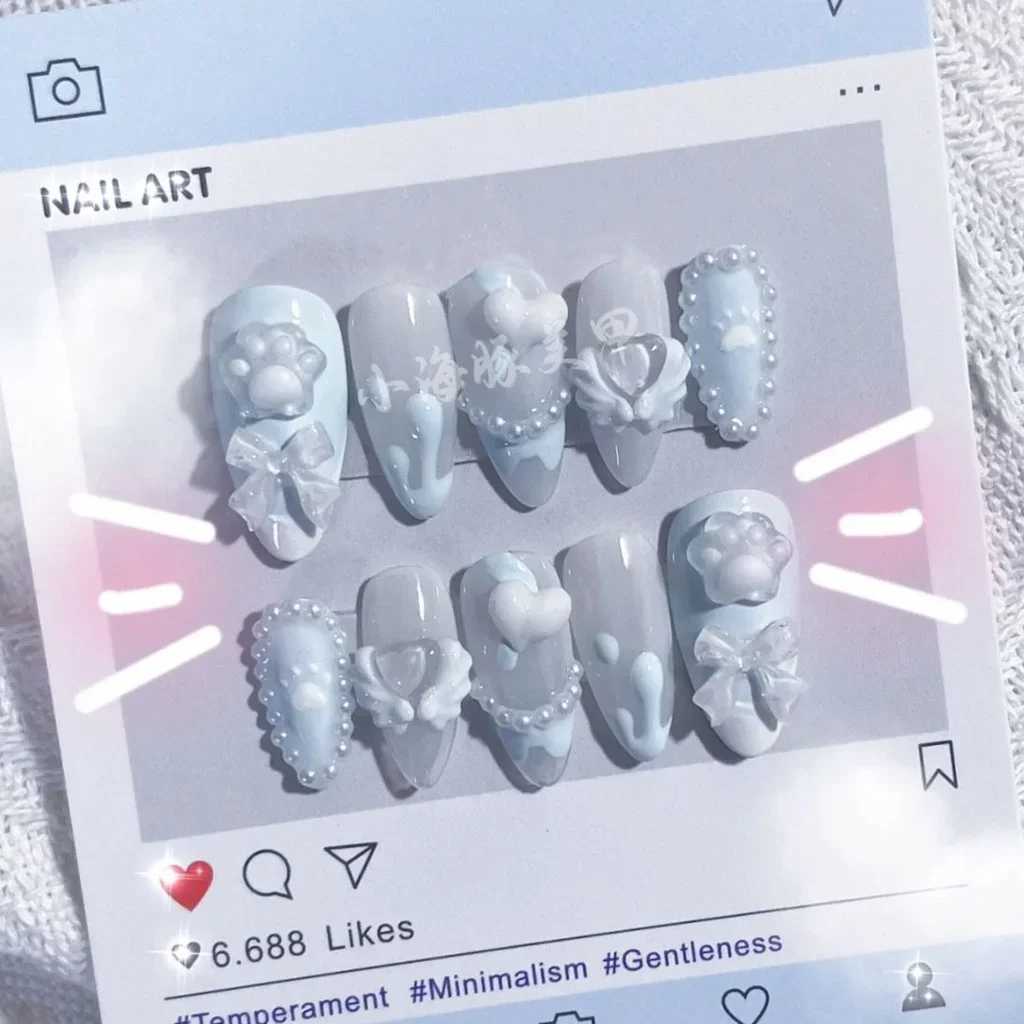 Blue Cute Cat Claw Artificial Nail Sticker Handmade Fake Nail Wearable Patch Detachable Finished Product W250410