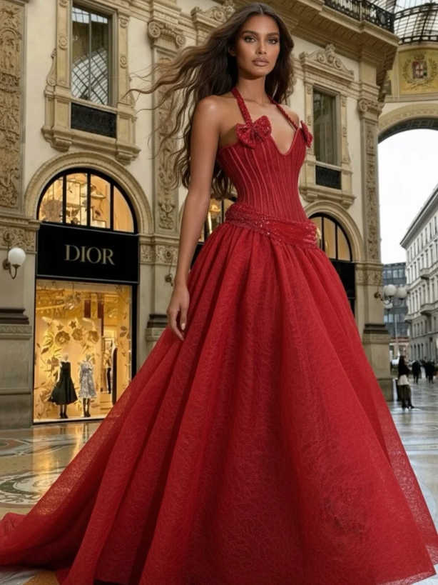 ElegantSatin A-line Party Dresses Red Sequin Spaghetti Strap Backless Floor-Length Prom Dress Women Bride Gown