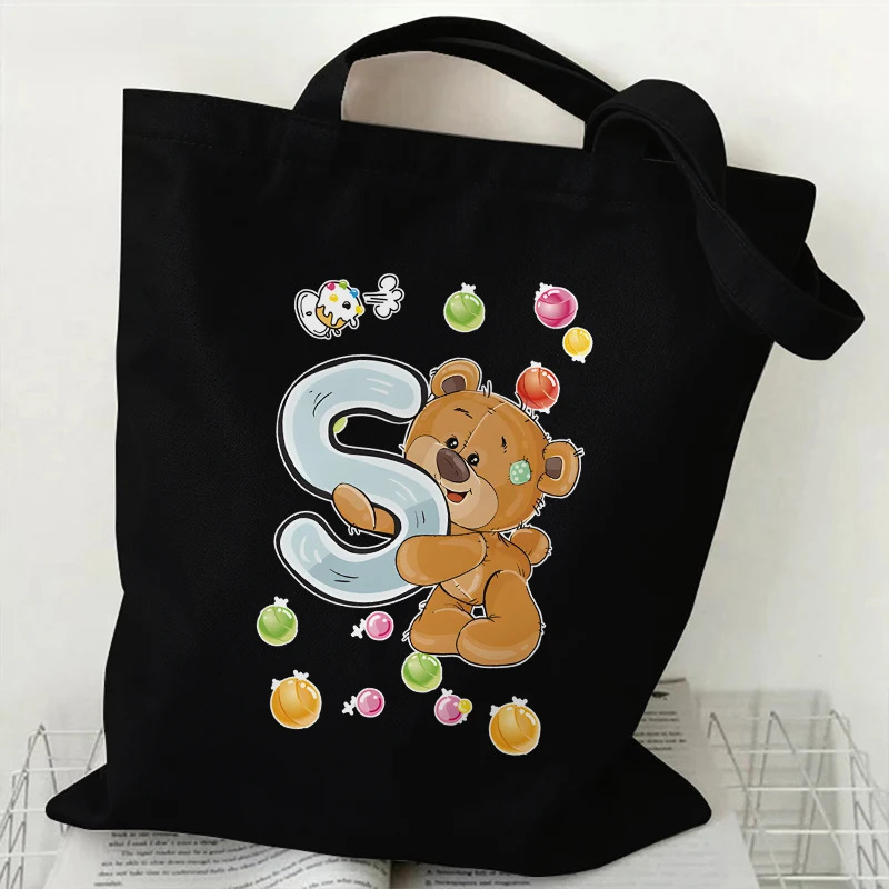 Cute Bear AZ 26 Letter Print Canvas Shoulder Tote Bag Large Capacity Reusable Handbags Supermarket Shopping for Women 251110