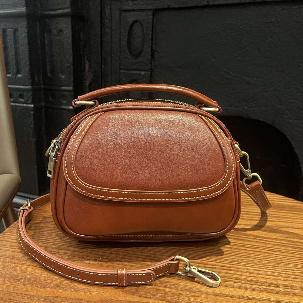 Top Layer Cowhide Single Shoulder Crossbody New Vintage Handbag For Women Fashionable Versatile Simple Small Round Bag High Quality