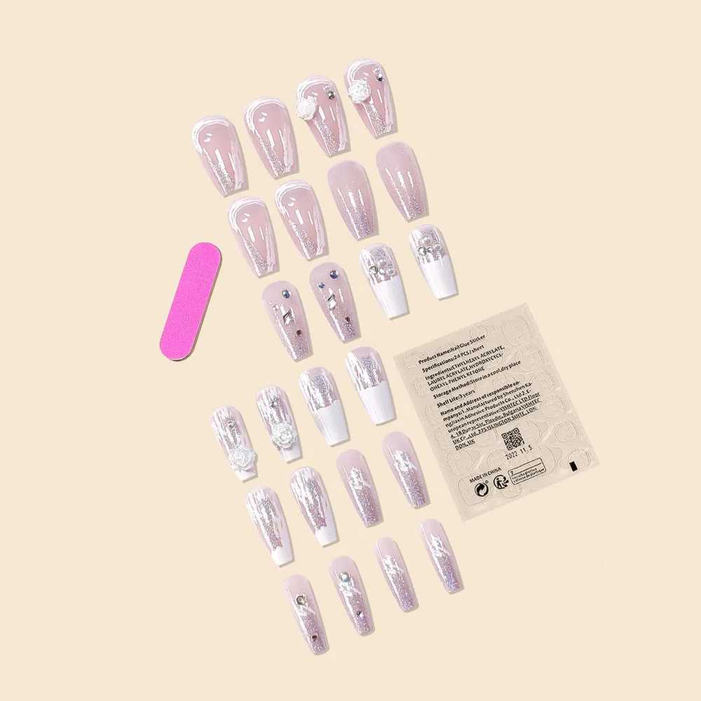 New womens 24Pc/set ballet French white camellia stone decoration fully covered wearable fake nail press W250410