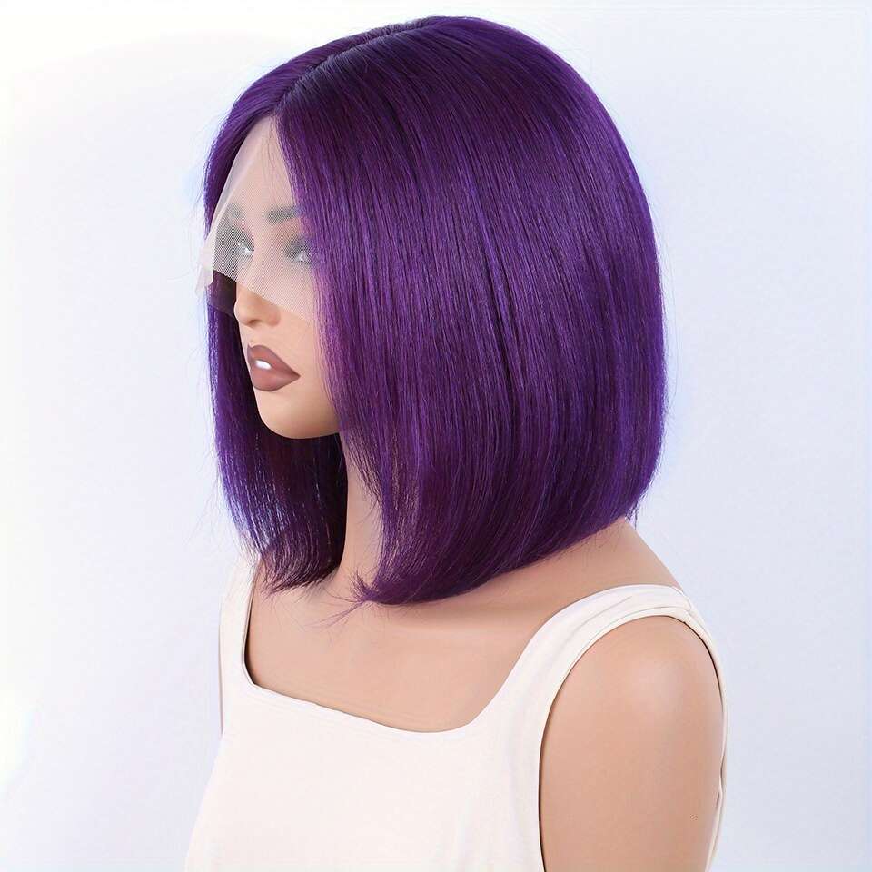 Glueless Brazilian Human Hair Wig - Purple Short Straight Bob With T-Part Front, 13X5x1 Lace Area, 100% Remy Hair, No Glue Needed, Comfortable &
