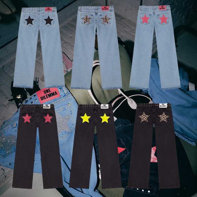 ONE DILEMMA Women Y2K Vintage Jeans Star Pattern Metal Rivet Jeans Female Baggy Casual Straight Leg Denim Pants Women Clothing C251110