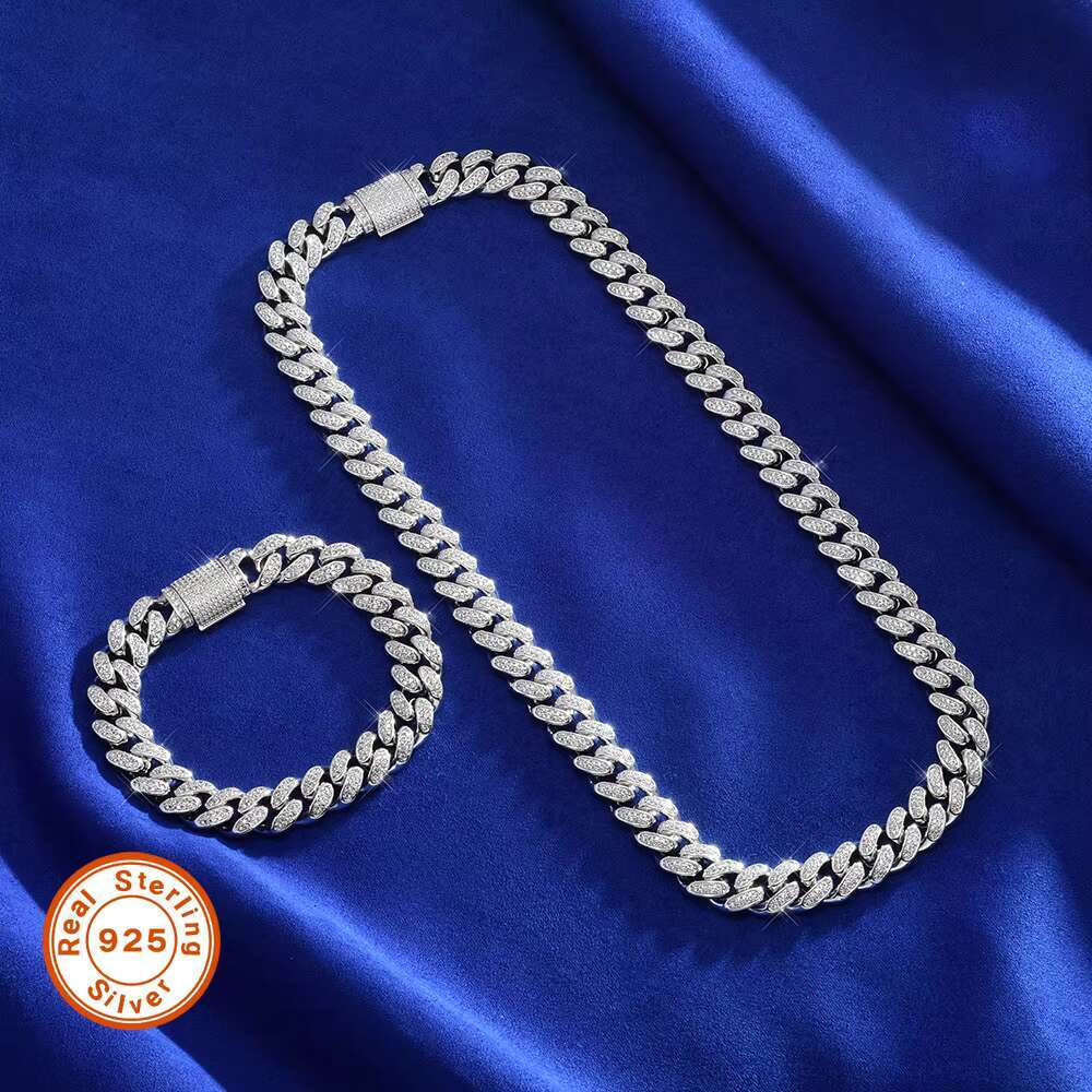 S925 Silver Moissanite Cuban Chain With Diamond High Quality 12mm Necklace and Bracelet