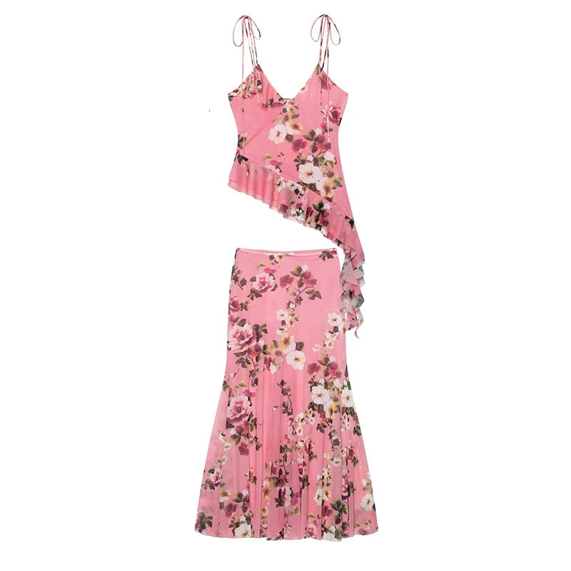 Willshela womens fashion 2piece printed backless lace pleated top and vintage ALine Midi skiing set 250410
