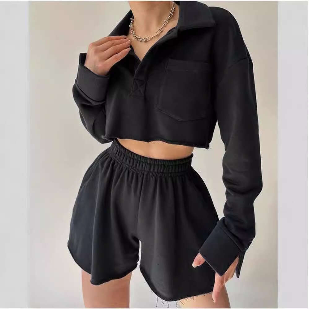 2024 European and American new solid color long sleeved short casual cardigan top drawstring shorts set