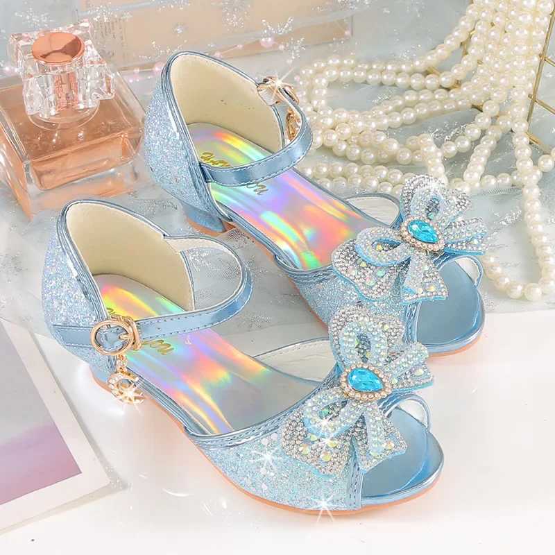 Summer girls sandals with heels fashionable rhinestones sparkling shoes CHIldrens princess bow pearl shoes H876 Z250410
