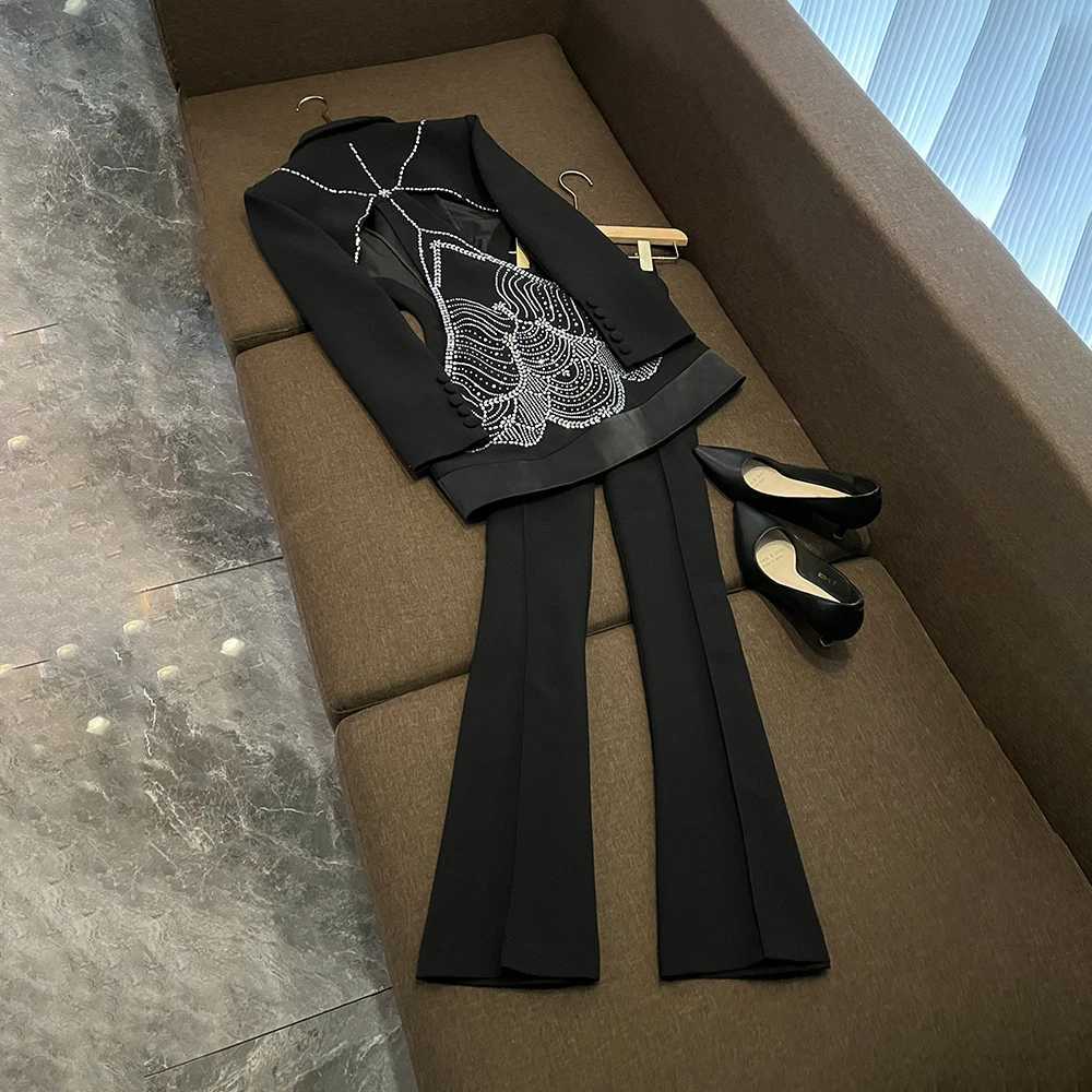 TWOTWINSTYLE Solid Sexy Two Piece Sets For Women Lapel Long Sleeve Hollow Out Top High Waist Pants Chic Set Female New W251110