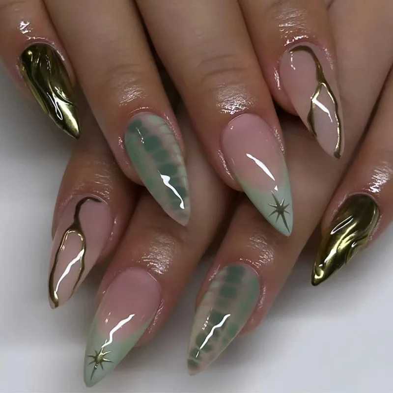 24 Simple French Fake Nails with Almond Head Design Detachable 3D Irregular Star Pattern Tool for Manipulating Fake Nails W250410