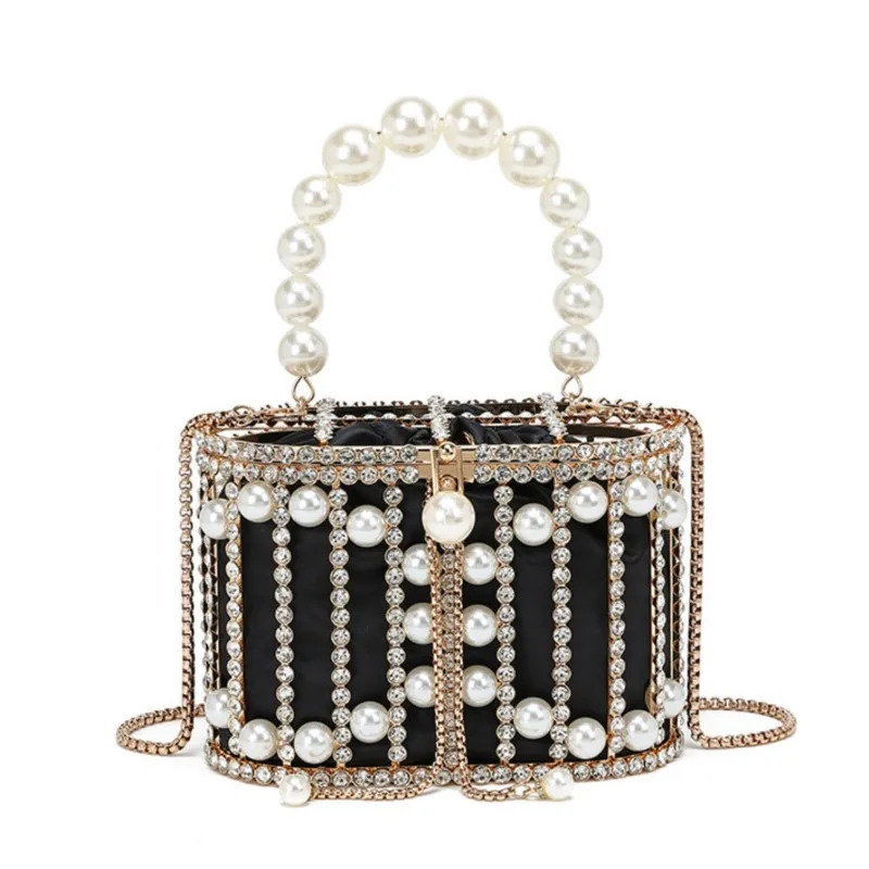 Pearl Evening Bag Rhinestone Bucket Bag Diamond Handbag Women Elegant Metal Cage Clutch Purse Chic Hollow Out Shoulder Bags R251110