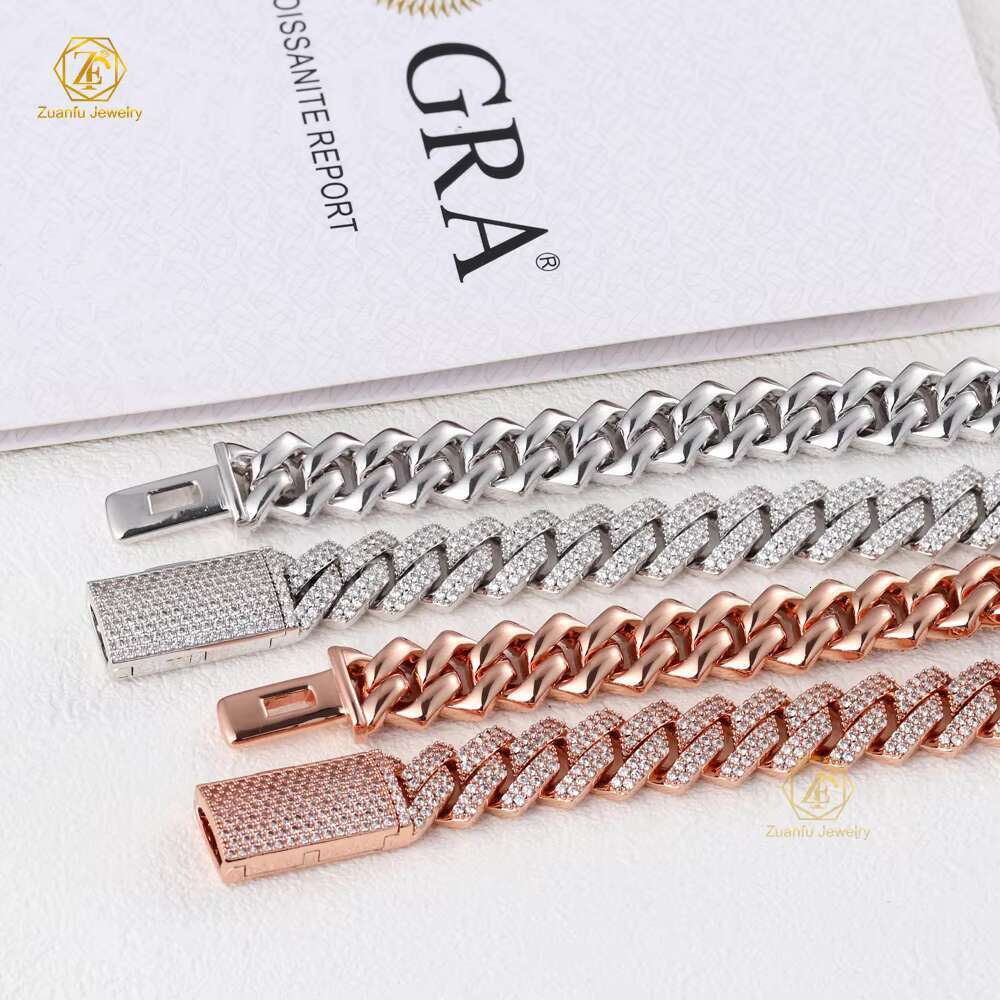 Chinese classic Cuban necklace, right angled trapezoidal full small S moissanite chain