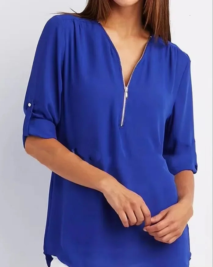 selling womens cool loose shirt deep V-neck chiffon fashionable shirt casual womens top sexy zipper plus size 250409