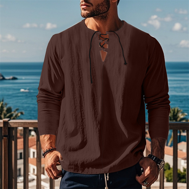 2025 Spring and Autumn New Cotton and Hemp Loose Strap V-neck Long sleeved Shirt Fashion Casual Top Long sleeved T-shirt