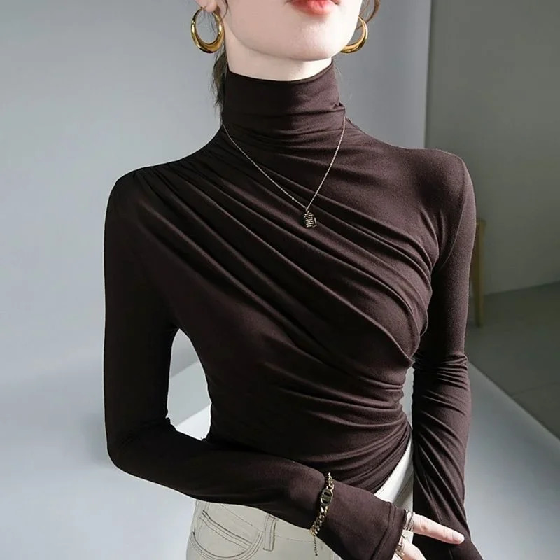pleated high neck womens Blusas clothing womens top Bluses 250409