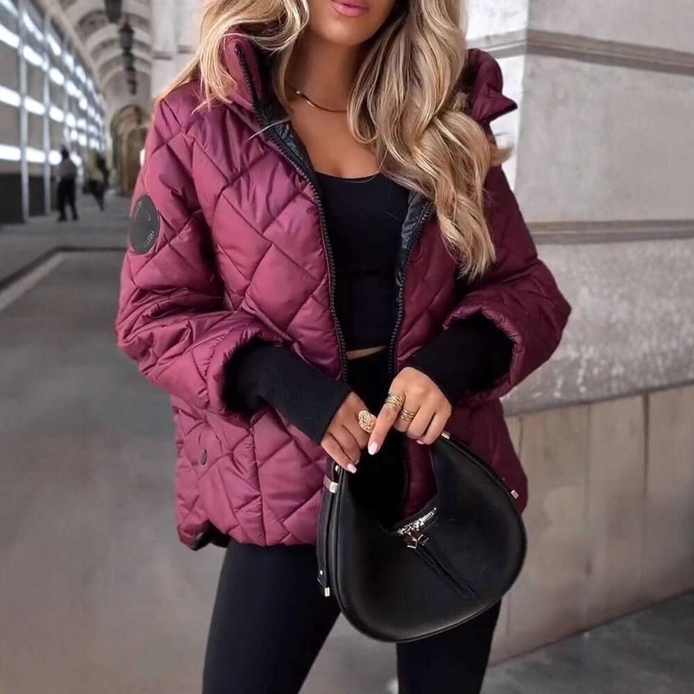 Cross-Border Autumn and Winter New Fashion Trend Diamond Pressed Grid Loose Hooded Cotton-Padded Jacket Warm Coat