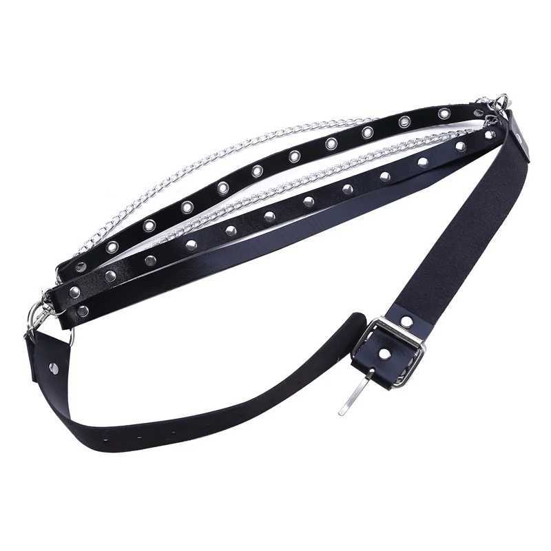 Fashionable Gothic punk metal ring design silver pin buckle leather black belt jeans belt X250410
