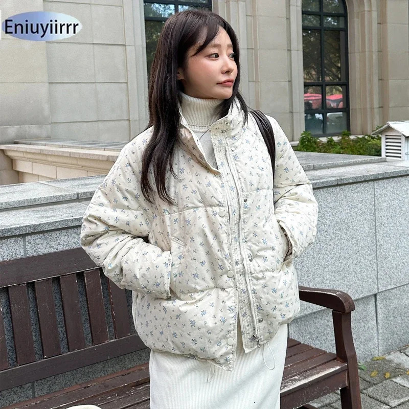 Warm Cute Sweet Women Coats Cotton Printed Florals Chic Elegant Loose Thicken Daily Winter All Match High Street Parkas 251107