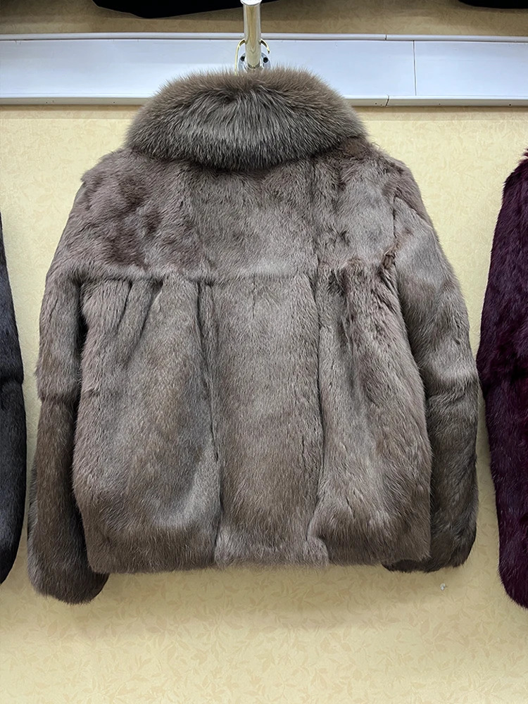 100 Genuine Whole Skin Real Rabbit Fur Coat With y Natural Fox Collar Jacket Full Pelt Overcoat 251110