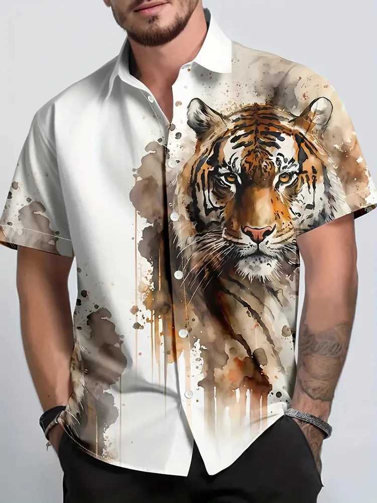 Summer Street Fashion Mens Short sleeved Shirt 3D Tiger Print Short sleeved Shirt Daily Loose and Comfortable Casual Mens Shirt X250410