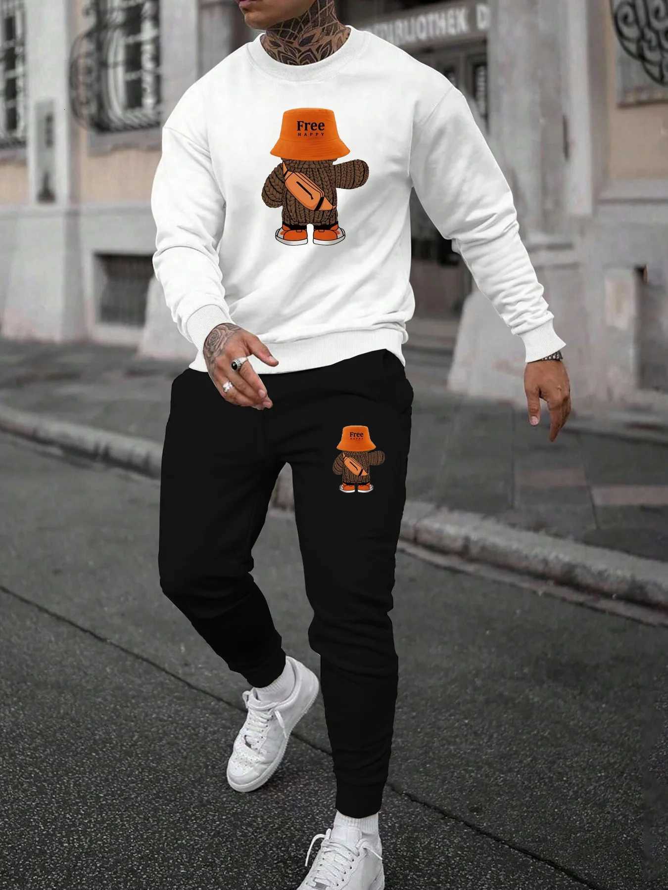 Mens autumn and winter casual warm cartoon bear pattern printed loose and thick velvet round neck sweatshirtsports pants set W251110