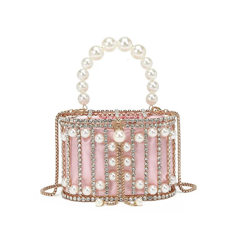 Pearl Evening Bag Rhinestone Bucket Bag Diamond Handbag Women Elegant Metal Cage Clutch Purse Chic Hollow Out Shoulder Bags R251110