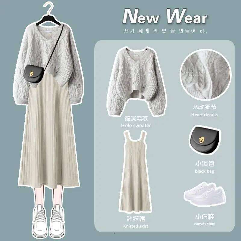 Women's Knitted Skirt Two Piece Set Women Slim Elegant Tops Female Sweater Dress Suits Lady Knitting Outfit