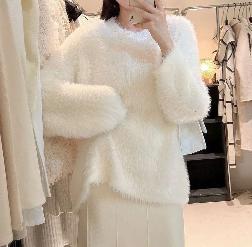 Autumn Winter Thickened Imitation Mink Velvet Women, Export Cross-Border Solid Color Versatile Round Neck Fuzzy Pullover Knitted Sweater for Women