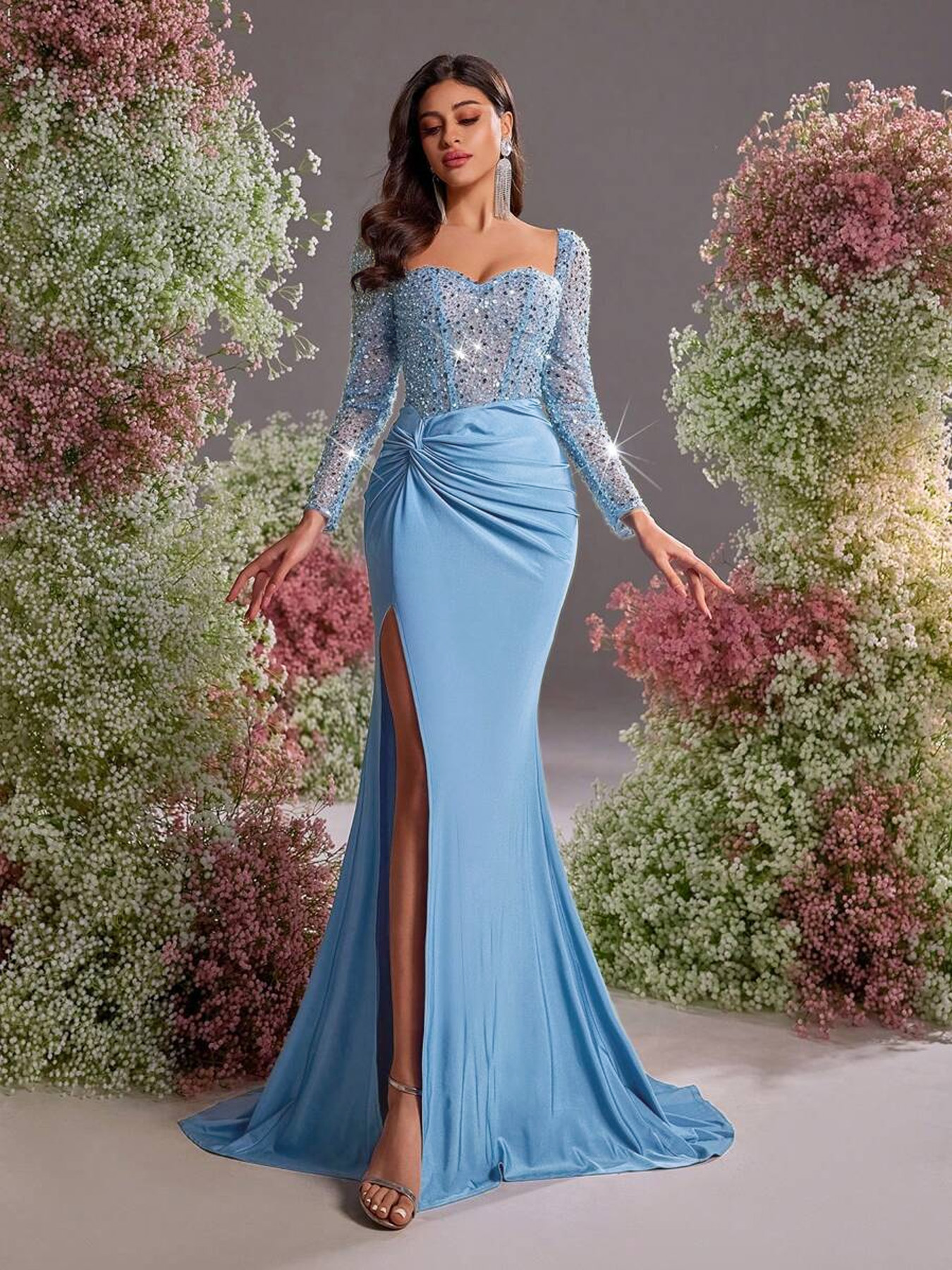 Women's Elegant Glamorous Sequin Mesh Mermaid Evening Gown, Side High Slit Bodycon Maxi Dress---D424