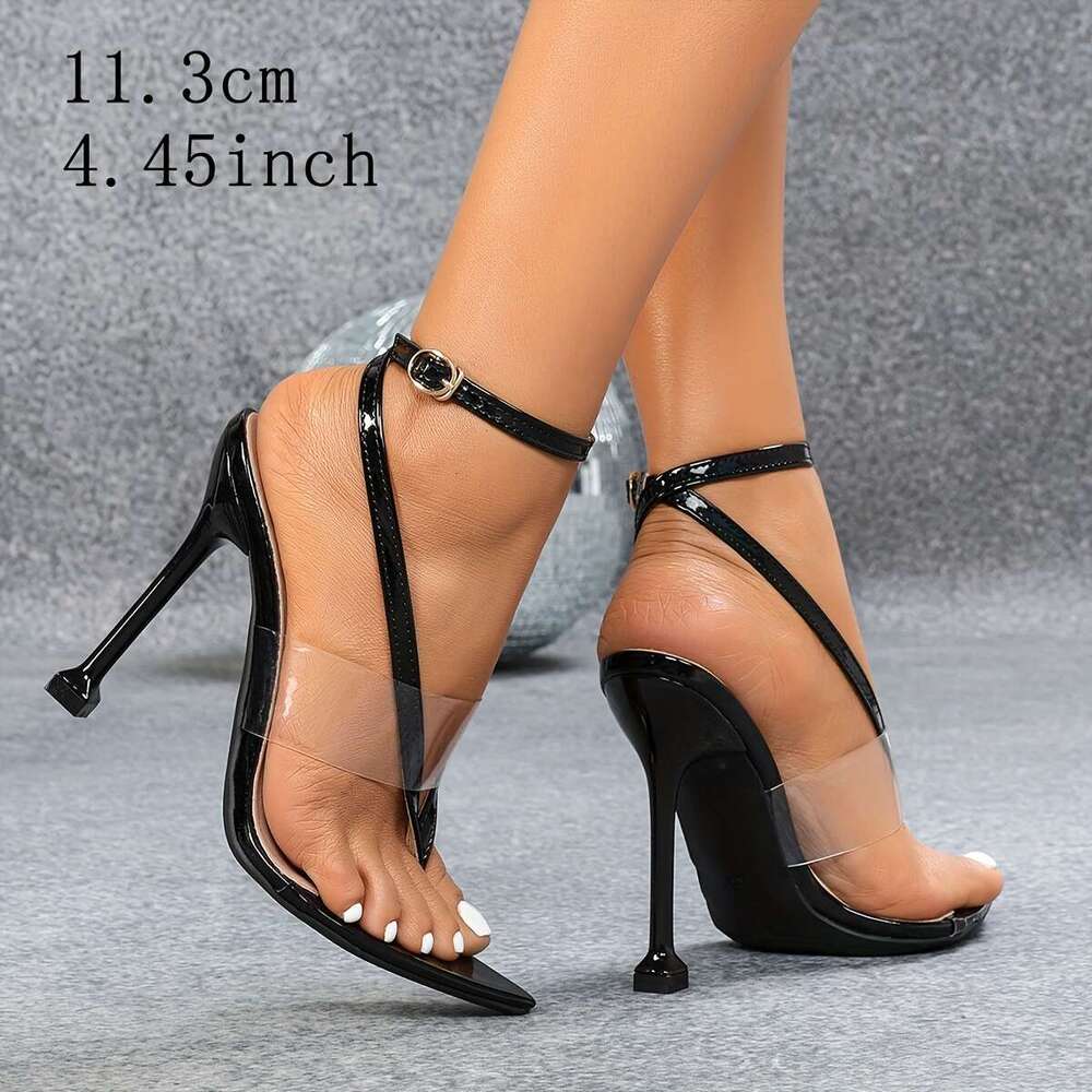 Sleek Black Sandals Women - Ultra High Heel, Pointed Toe With Transparent Ankle Strap, Faux Cover Upper TPU Sole, Perfect For Summer Parties & Elegant