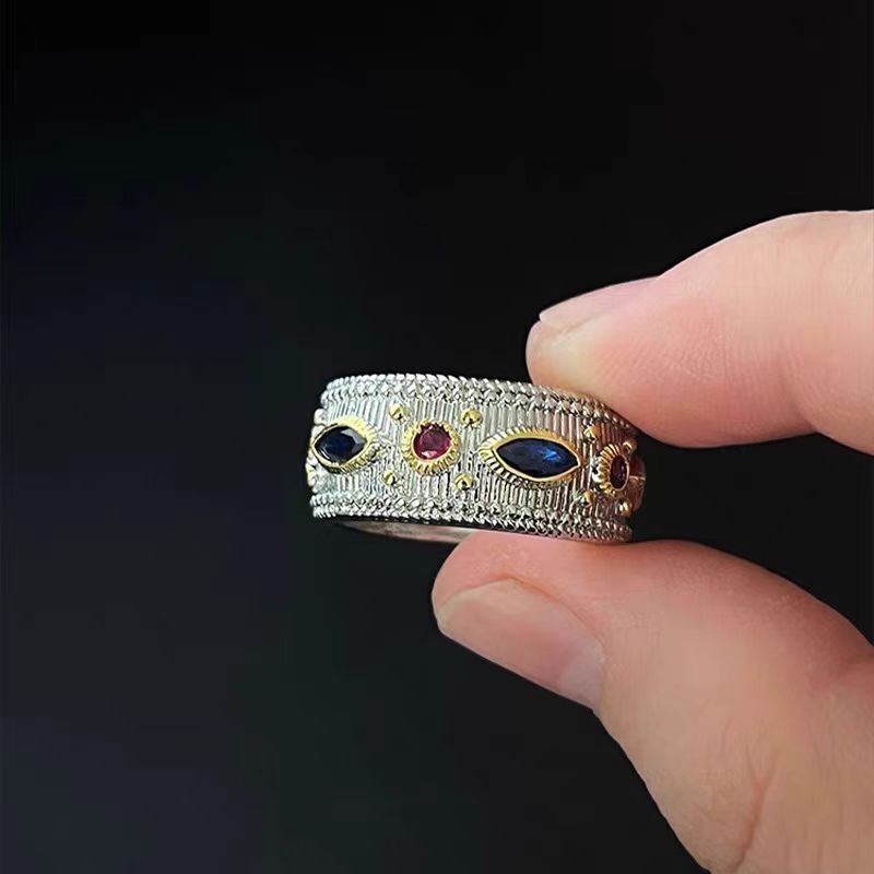 Vintage Designer Ring Red And Blue Fashionable Ring Women's Diamond Ring Niche Light Luxury High-end Feeling Index Finger Ring Exquisite Multifun
