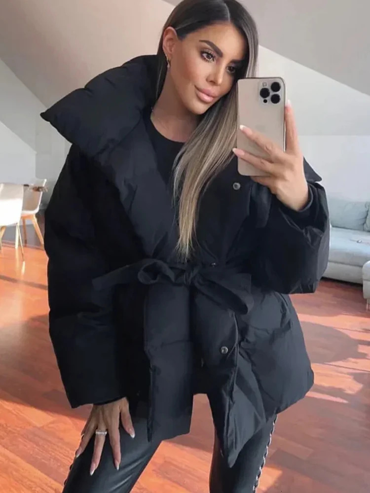 Solid Lapel Lace Up Cotton Coat Women Fashion Long Sleeve Warm Loose Pocket Short Coats Lady Winter Commute Street Outwears 251107