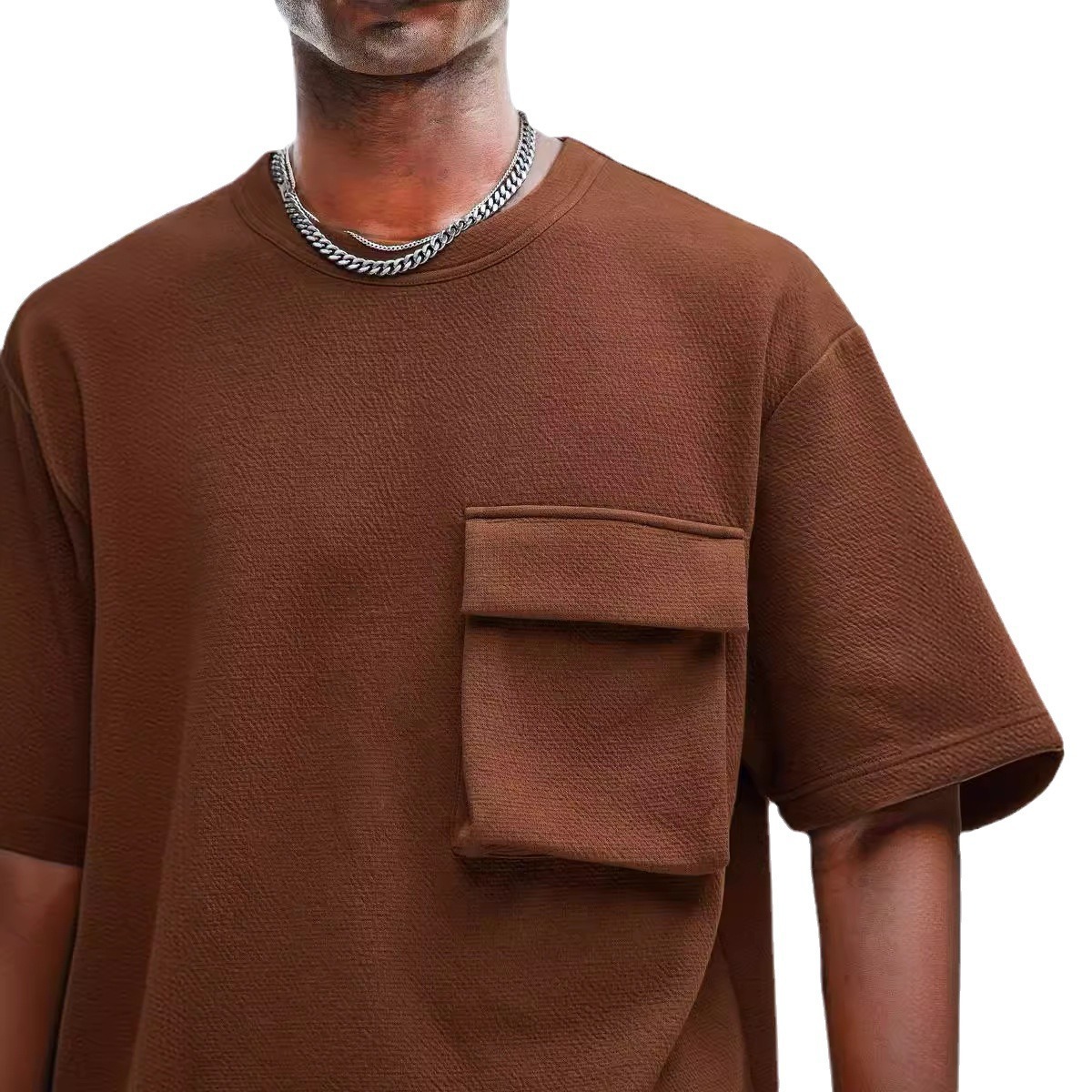 2025 new mens patch pocket wrinkled fabric round neck casual loose 5-point sleeve top