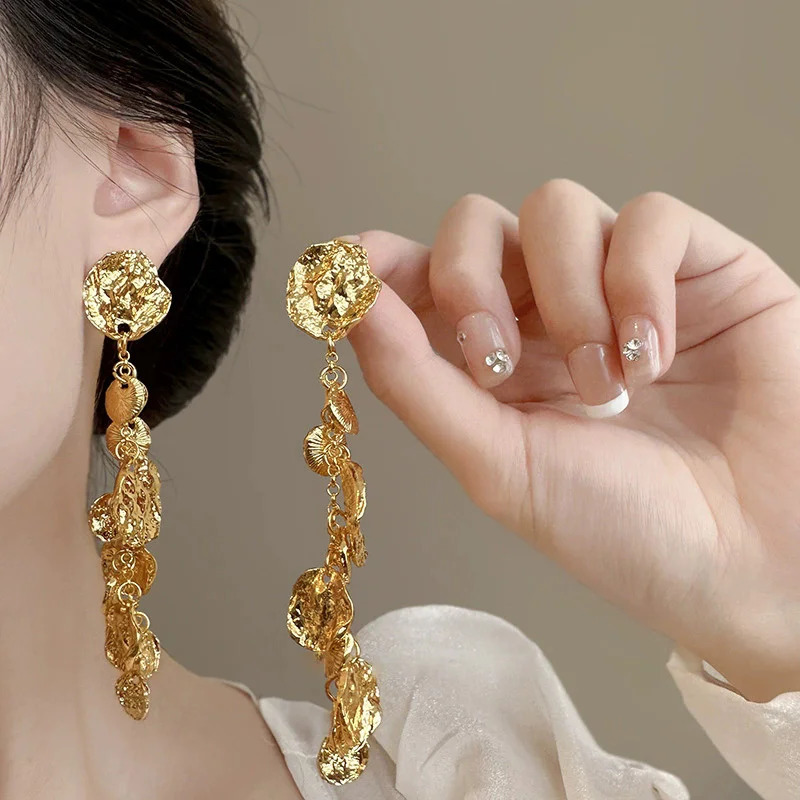 XIALUOKE Long Tassel Irregular Metal Plate Pendant Earrings For Womens European American Style Party Travel Jewelry 250409