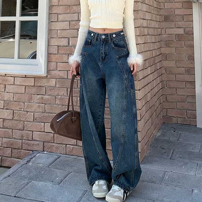 Autumn 2025 High Waist Slim Tapered Wide Leg Jeans Y2K Vintage Blue Denim Pants Dongdaemun Curved Hem for Women C251110