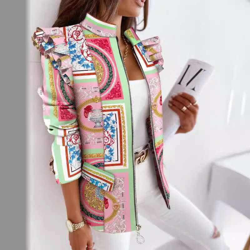 2025 Independent Station Wish Amazon Hot Item Autumn Winter Ruffled Long Sleeve Zipper Printed Blazer Jacket for Women