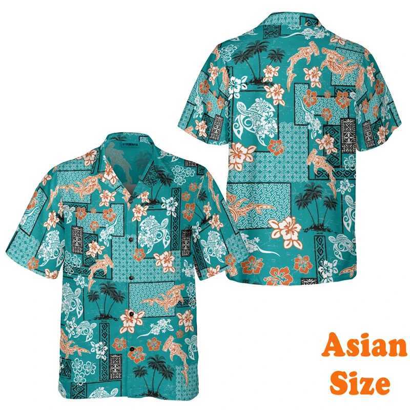 Summer vintage Polynesian shirt mens 3D printed turtle funny Hawaiian shirt collar short sleeved fashionable shirt X250410