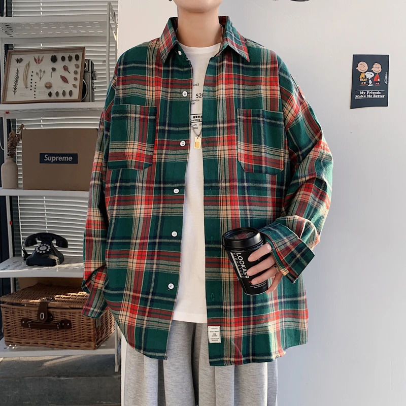 Harajuku Long Sleeve Plaid Shirts Men Big Size M-5XL Autumn Chic Loose Vintage High Street All-match Gentleman Camisa 250408
