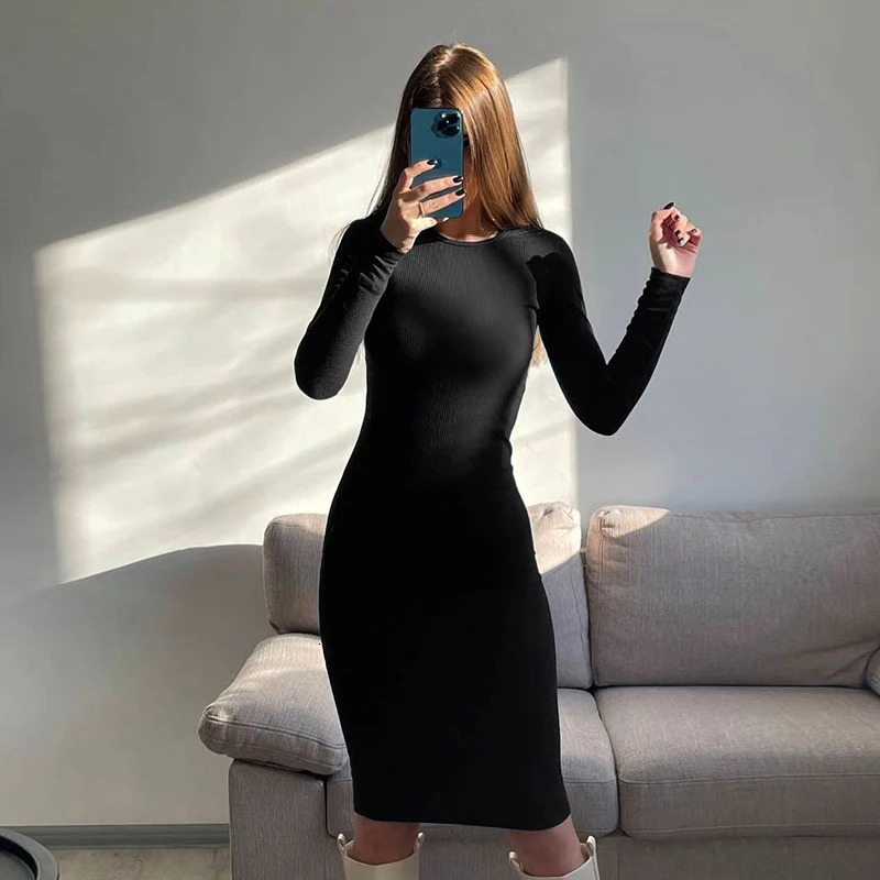 Autumn Winter Dresses Women Fashion Casual Slim ONeck Long Sleeves Elegant Dress Sexy Black Female Club Party Maxi 251110