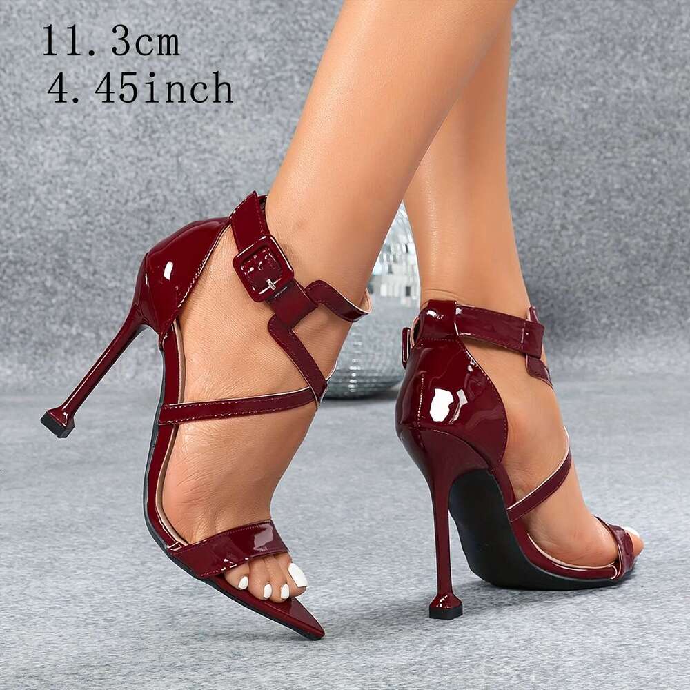 Ultra Sexy Cat Heel Wine Red Strappy Fabric Buckle Pointed Toe High-Heeled Sandals